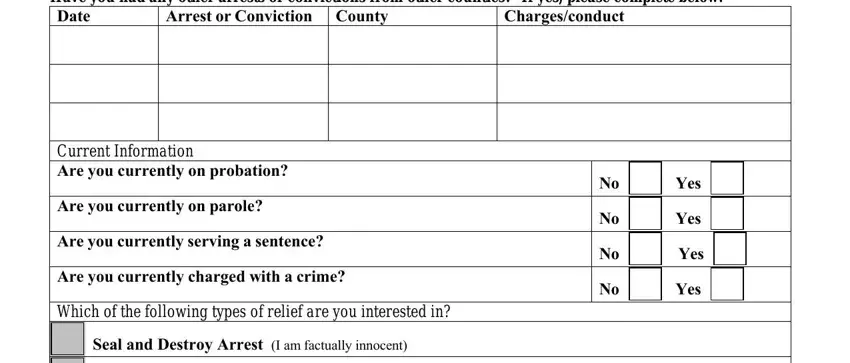 ocgov ArrestorConvictionCounty, Chargesconduct, Areyoucurrentlyonparole, Areyoucurrentlyservingasentence, Areyoucurrentlychargedwithacrime, and YesYesYesYes blanks to fill