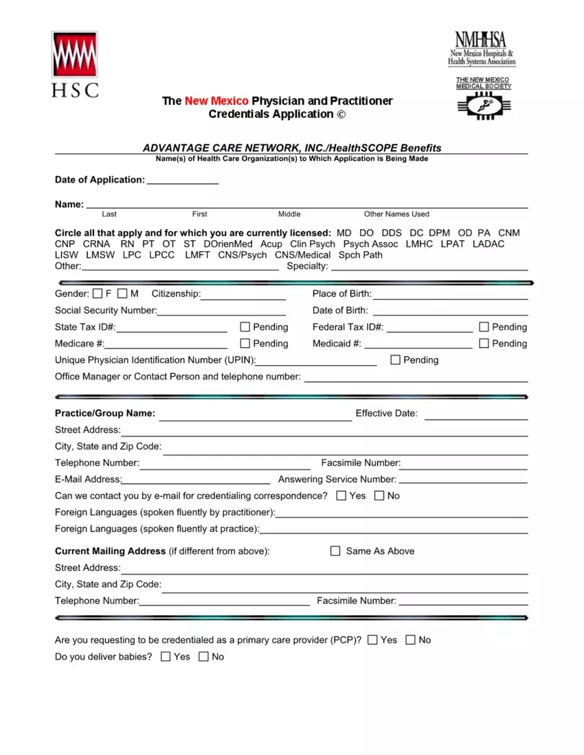 New Mexico Credentialing Application first page preview
