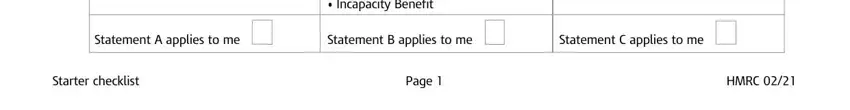 starter check list StatementAappliestome, StatementBappliestome, StatementCappliestome, Starterchecklist, Page, and HMRC blanks to complete