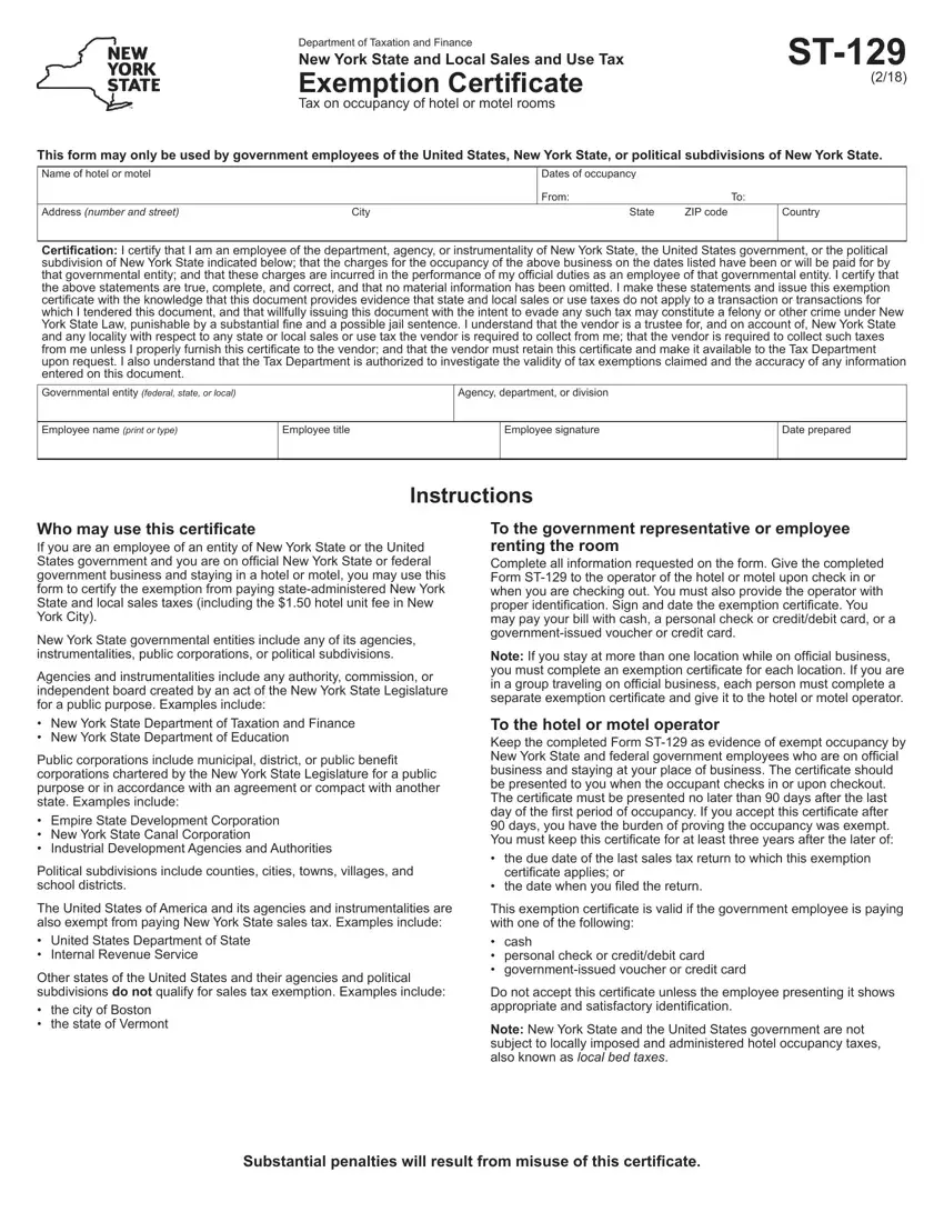 New York Hotel Tax Exempt Form first page preview