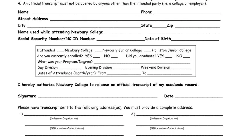 newbury transcript fields to fill in