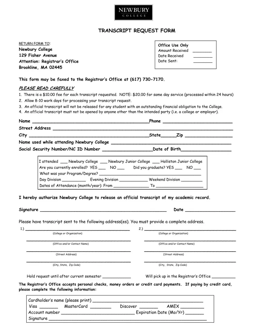 Newbury Transcript Request Form first page preview