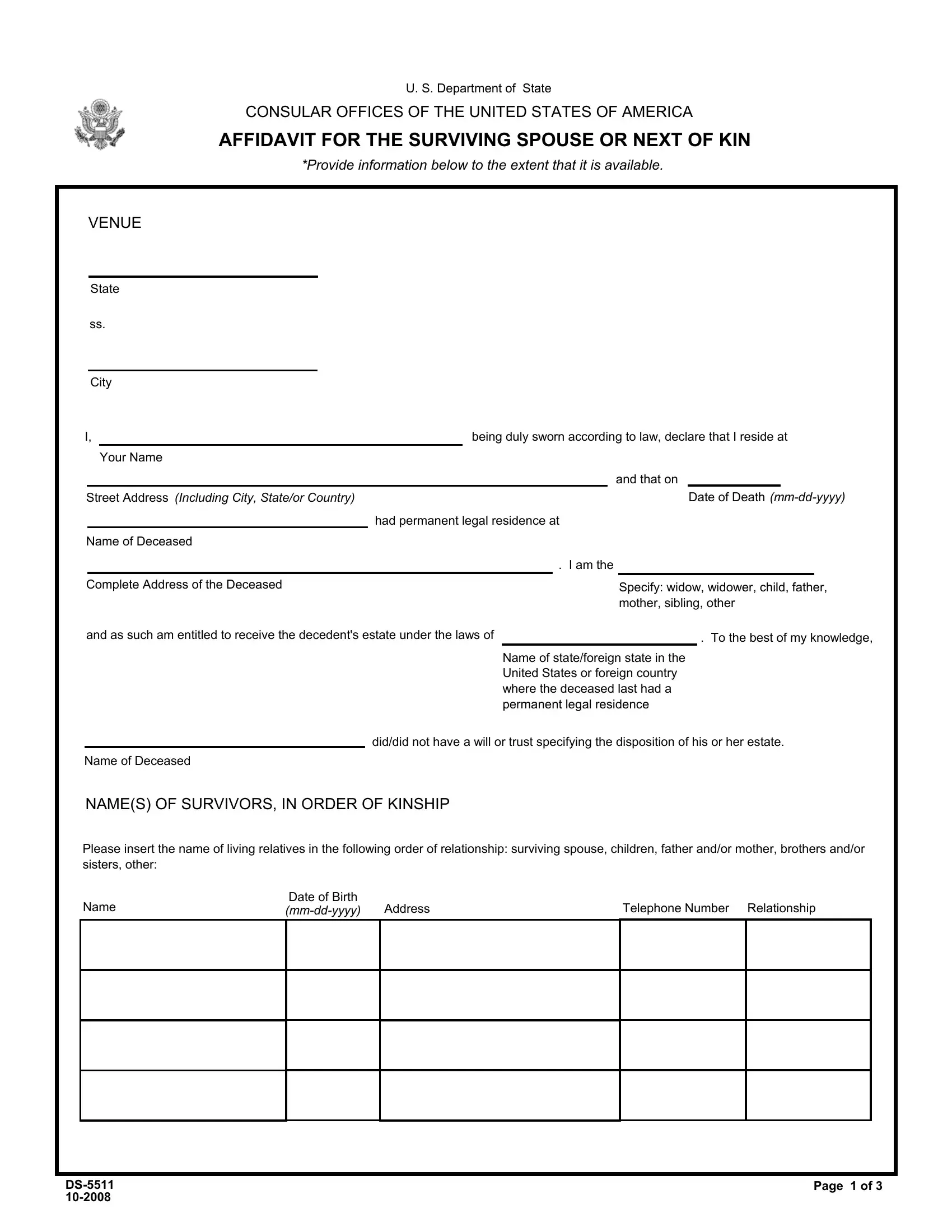 Next Of Kin Form ≡ Fill Out Printable Pdf Forms Online 