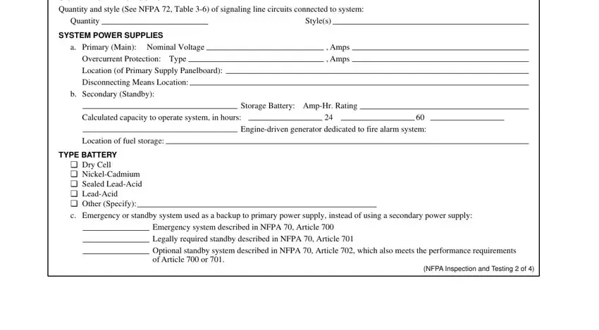 nfpa testing forms aPrimaryMainNominalVoltage, OvercurrentProtectionType, LocationofPrimarySupplyPanelboard, DisconnectingMeansLocation, bSecondaryStandby, Amps, Amps, StorageBatteryAmpHrRating, Locationoffuelstorage, TYPEBATTERY, and NFPAInspectionandTestingof fields to fill out