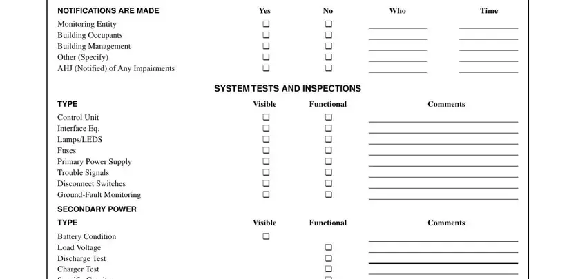 nfpa 72 forms PRIOR TO ANY TESTING, NOTIFICATIONS ARE MADE, Monitoring Entity Building, Yes, Who, Time, SYSTEM TESTS AND INSPECTIONS, Functional, Comments, Functional, Comments, TYPE, Control Unit Interface Eq, SECONDARY POWER, and TYPE blanks to complete