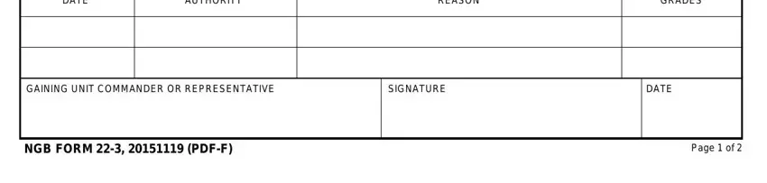 ngb DATE, AUTHORITY, REASON, GRADES, GAINING UNIT COMMANDER OR, SIGNATURE, DATE, NGB FORM   PDFF, and Page  of fields to complete