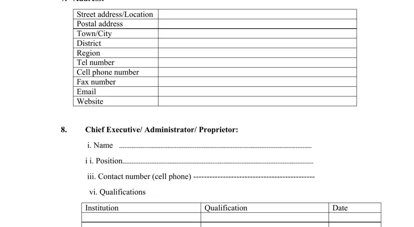 Address, Street addressLocation Postal, Chief Executive Administrator, i Name, i i Position, iii Contact number cell phone, vi Qualifications, Institution, Qualification, and Date in nhis login