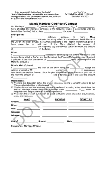Nikah Islamic Marriage Certificate Form Preview
