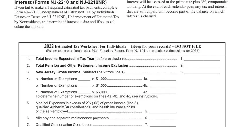 nj form 1040 es 2019 Interest Forms NJ and NJNR If you, Interest will be assessed at the, Estimated Tax Worksheet For, Total Income Expected In Tax Year, Total Pension and Other Retirement, New Jersey Gross Income Subtract, a Number of Exemptions     a, b Number of Exemptions     b, c Number of Exemptions     c  To, Medical Expenses in excess of, qualified Archer MSA contributions, Alimony and separate maintenance, and Qualified Conservation blanks to insert