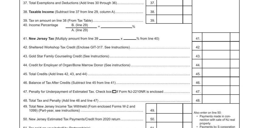 nj form 1040nr instructions Total Exemptions and Deductions, Taxable Income Subtract line, Tax on amount on line  From Tax, B line  A line, New Jersey Tax Multiply amount, from line, Sheltered Workshop Tax Credit, Gold Star Family Counseling, Credit for Employer of OrganBone, Total Credits Add lines   and, Balance of Tax After Credits, Penalty for Underpayment of, if Form NJNR is enclosed, Total Tax and Penalty Add line, and Total New Jersey Income Tax blanks to insert