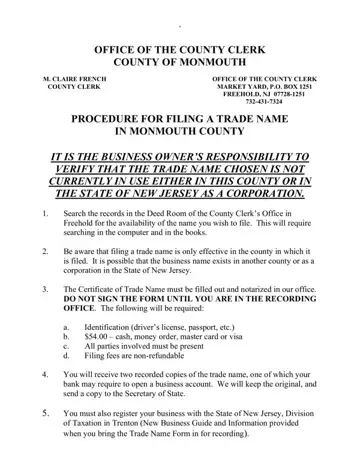 Nj Business Names Monmouth County Form Preview