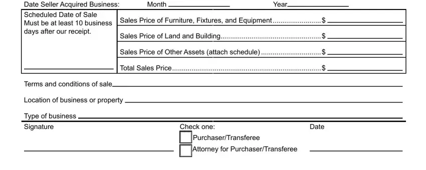 c 9600 bulk Date Seller Acquired Business, Month, Year, Scheduled Date of Sale Must be at, Sales Price of Furniture Fixtures, Sales Price of Land and Building, Sales Price of Other Assets attach, Total Sales Price, Terms and conditions of sale, Location of business or property, Type of business, Signature, Check one, Date, and PurchaserTransferee blanks to insert