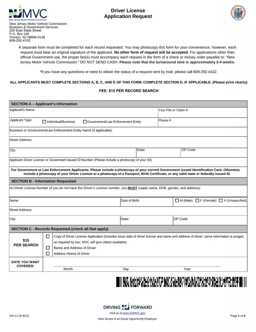 Nj Driver License Application Request first page preview