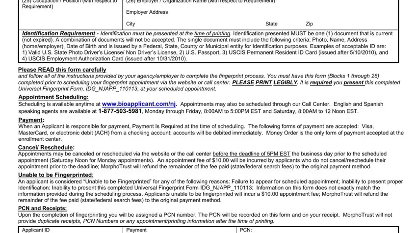 nj fingerprinting card nursing applicant Occupation  Position with respect, Employer  Organization Name with, Employer Address, City State Zip, Identification Requirement, Please READ this form carefully, Cancel Reschedule Appointments may, Applicant ID Number, Payment Authorization, and PCN fields to fill