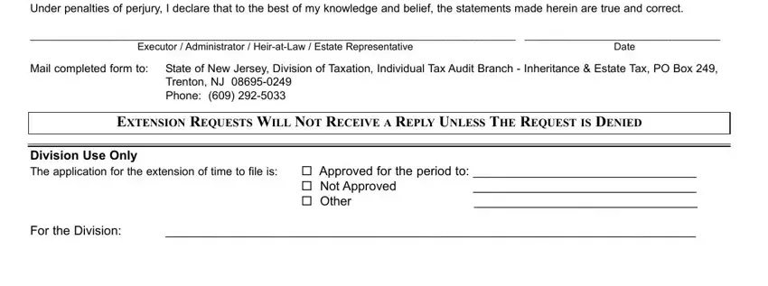 nj tax form transfer inheritance Certification Under penalties of, Executor  Administrator  HeiratLaw, Date, Mail completed form to, State of New Jersey Division of, EXTENSION REQUESTS WILL NOT, Division Use Only The application, cid Approved for the period to, and For the Division fields to fill