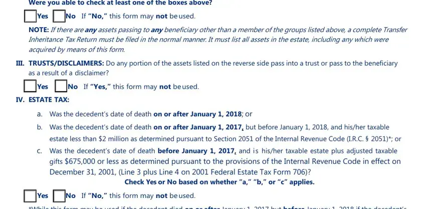 l 8 form nj Were you able to check at least, III TRUSTSDISCLAIMERS Do any, as a result of a disclaimer Yes No, IV ESTATE TAX, a Was the decedents date of death, estate less than  million as, Yes No If cidNocid this form may, and While this form may be used if the fields to insert