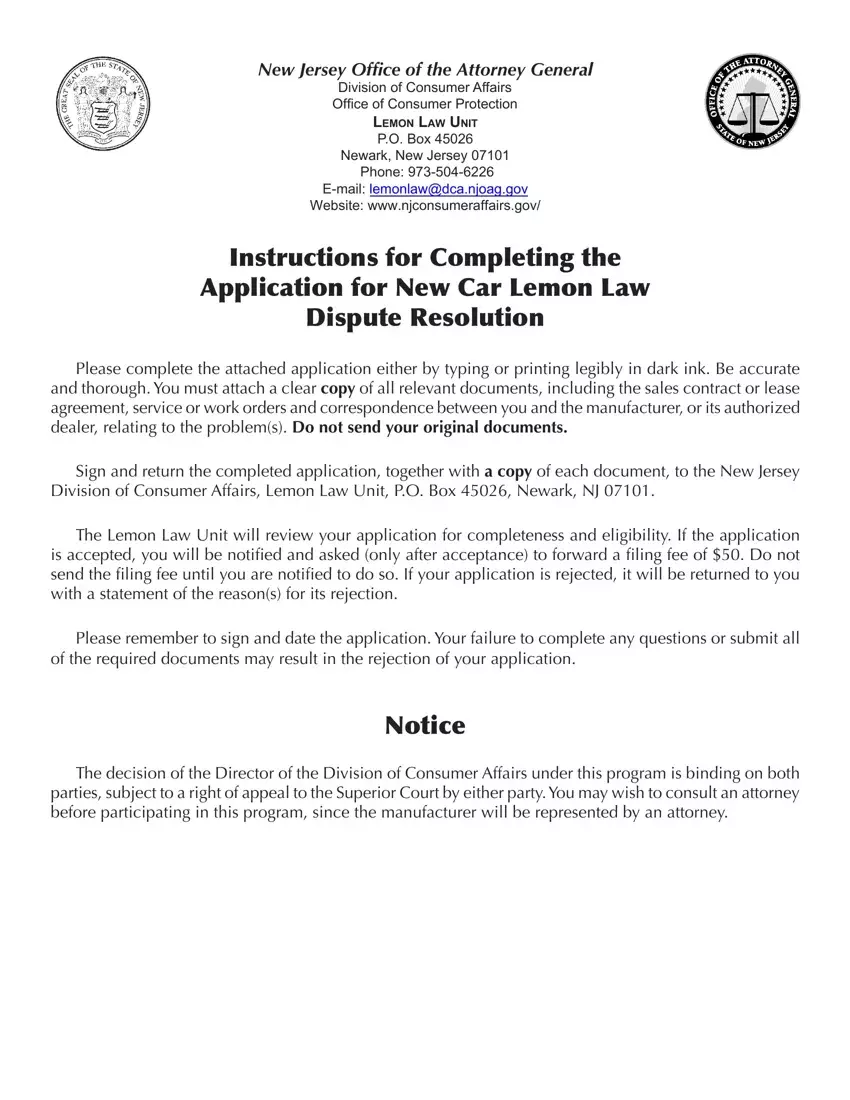 Nj Lemon Law Application first page preview