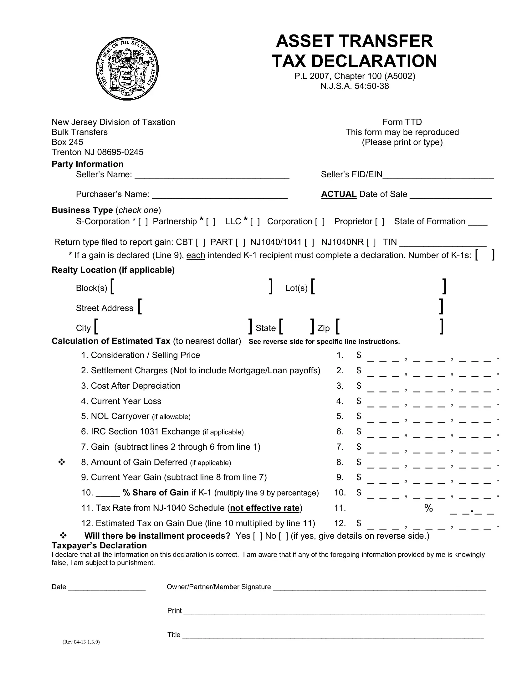 Nj Ttd Form ≡ Fill Out Printable PDF Forms Online