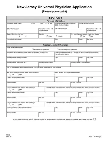 Nj Universal Physician Application Form Preview