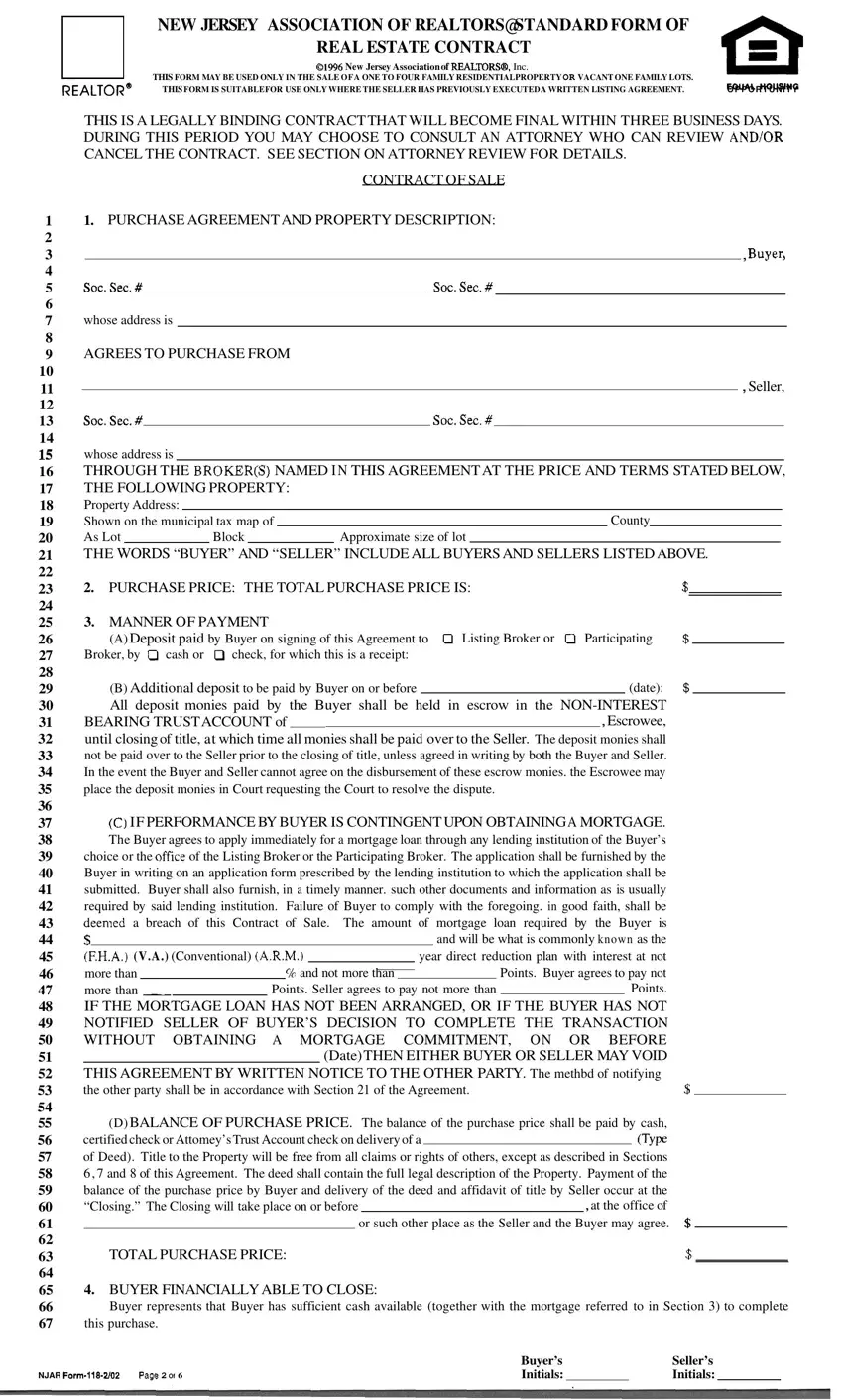 Njar Real Estate Contract Form first page preview