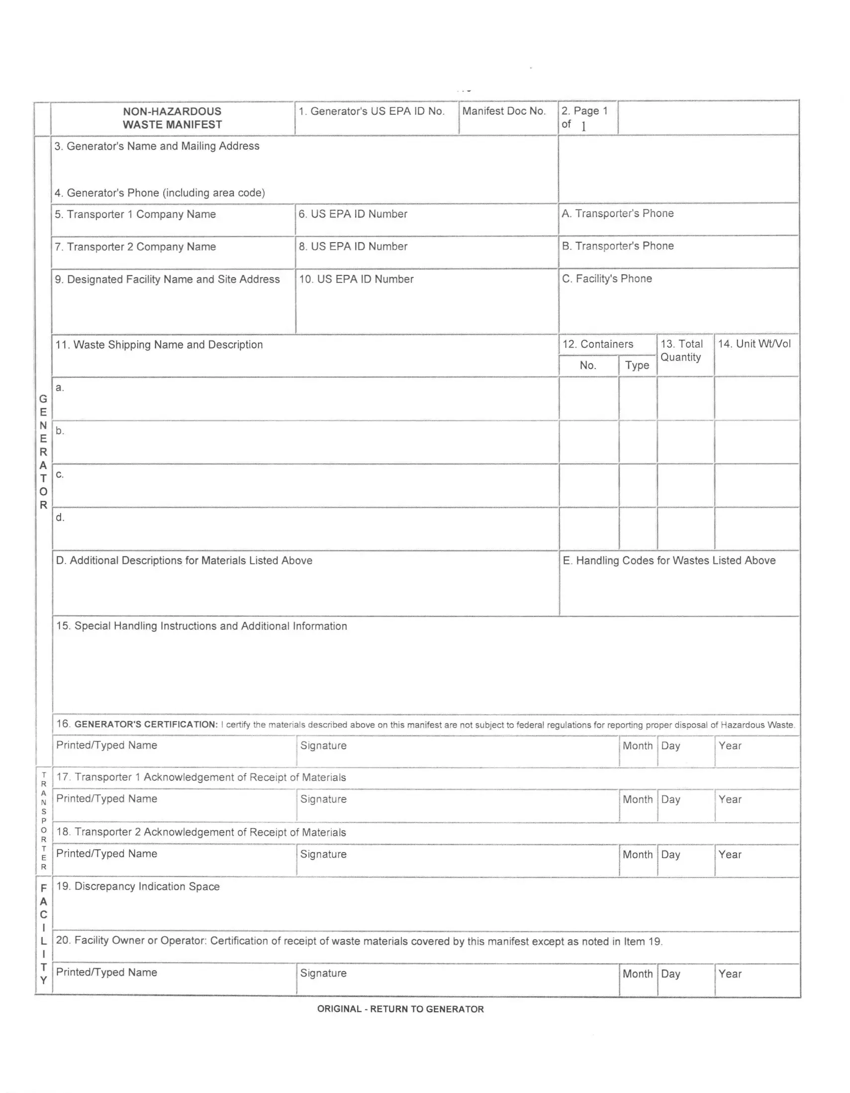 Non Hazardous Manifest Form Fill Out Printable Pdf Forms Online