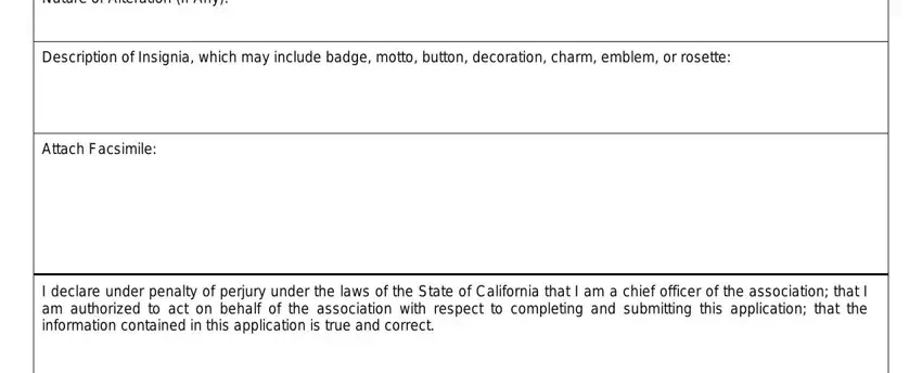 sec state form lp una 128 Nature of Alteration If Any, Description of Insignia which may, Attach Facsimile, and I declare under penalty of perjury blanks to complete