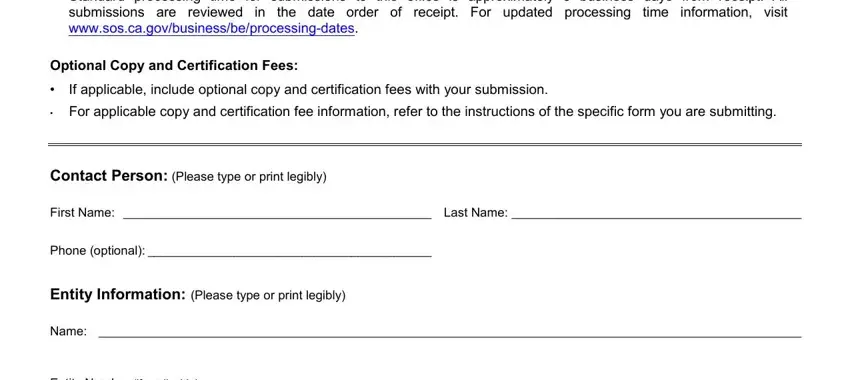 sec state form lp una 128 Standard processing time for, the date order of receipt For, time, submissions are reviewed, Optional Copy and Certification, If applicable include optional, For applicable copy and, Contact Person Please type or, First Name  Last Name, Phone optional, Entity Information Please type or, Name, and Entity Number if applicable fields to insert