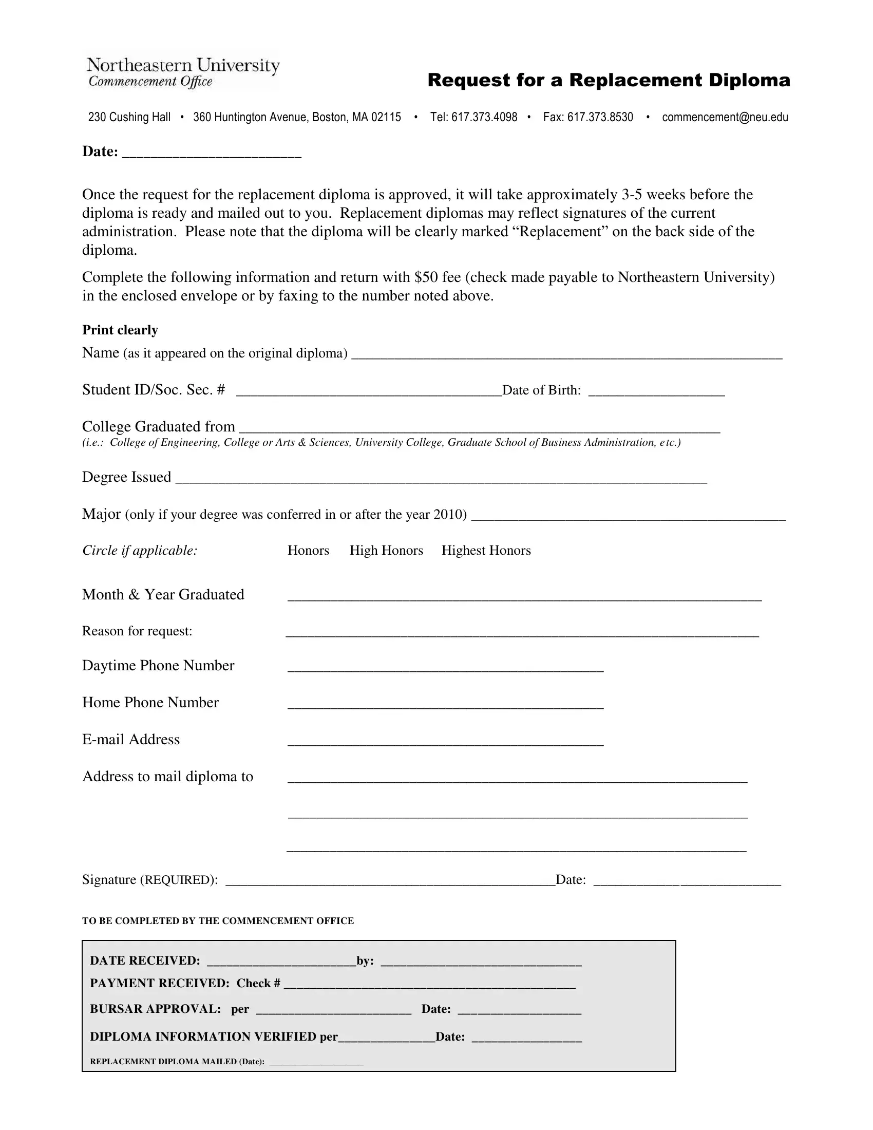 Northeastern University Request Diploma PDF Form FormsPal