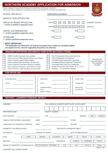 Northern Academy Application Form Preview