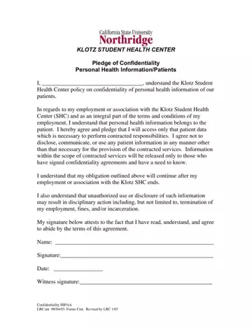 Northridge Confidentiality Hipaa Form Preview