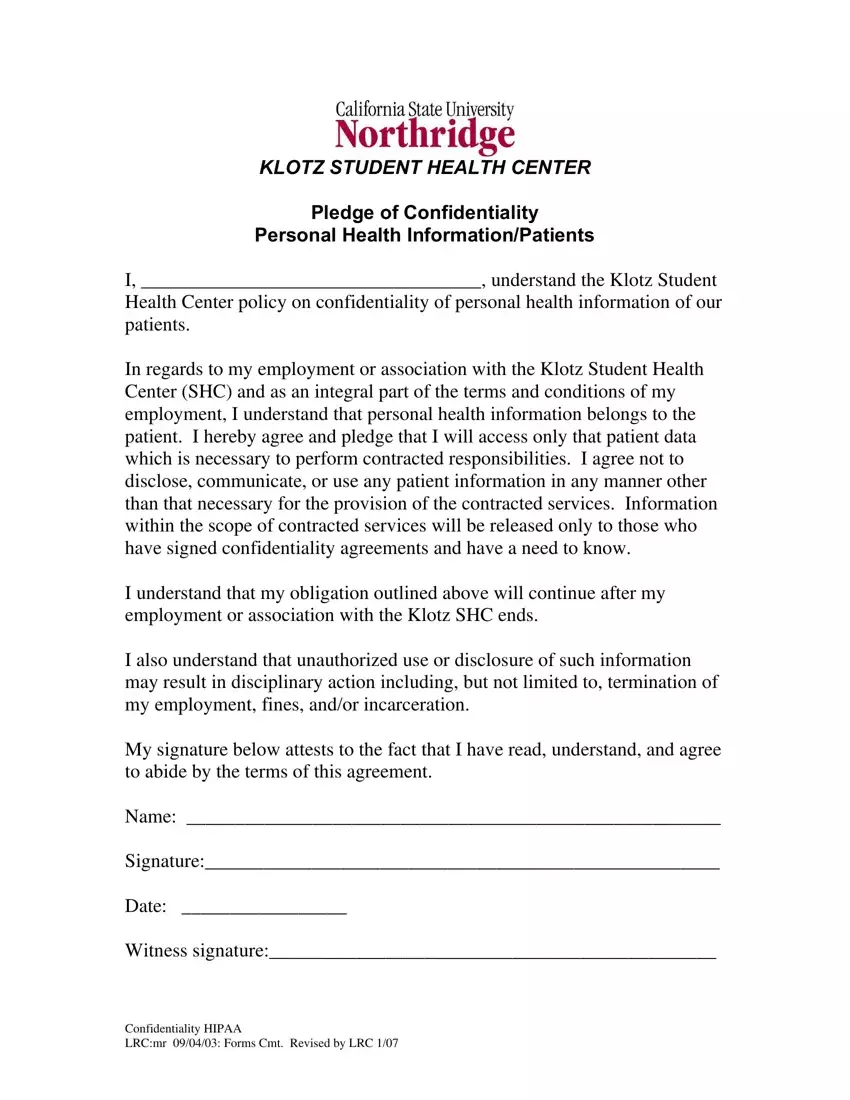 Northridge Confidentiality Hipaa Form first page preview