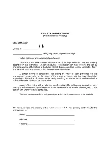 Notice Commencement Michigan Form Preview