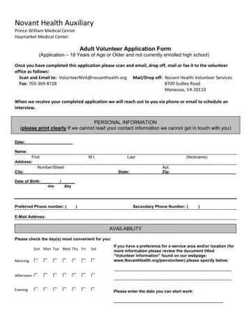 Novant Health Volunteer Application Form Preview