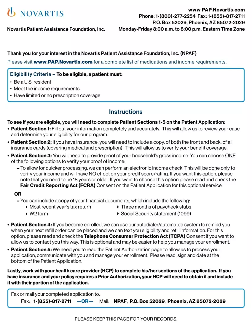 Novartis Patient Assistance Form first page preview