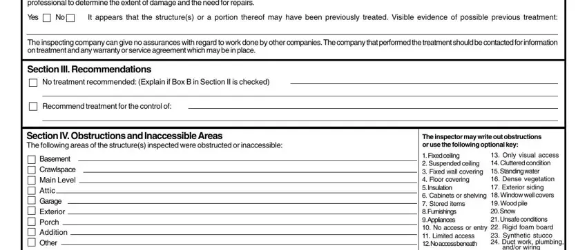 npma 33 termite inspection form NOTE This is not a structural, Yes, It appears that the structures or, The inspecting company can give no, Section III Recommendations, No treatment recommended Explain, Recommend treatment for the, Section IV Obstructions and, Basement Crawlspace Main Level, The inspector may write out, Fixed ceiling  Suspended ceiling, and Only visual access  Cluttered blanks to fill out