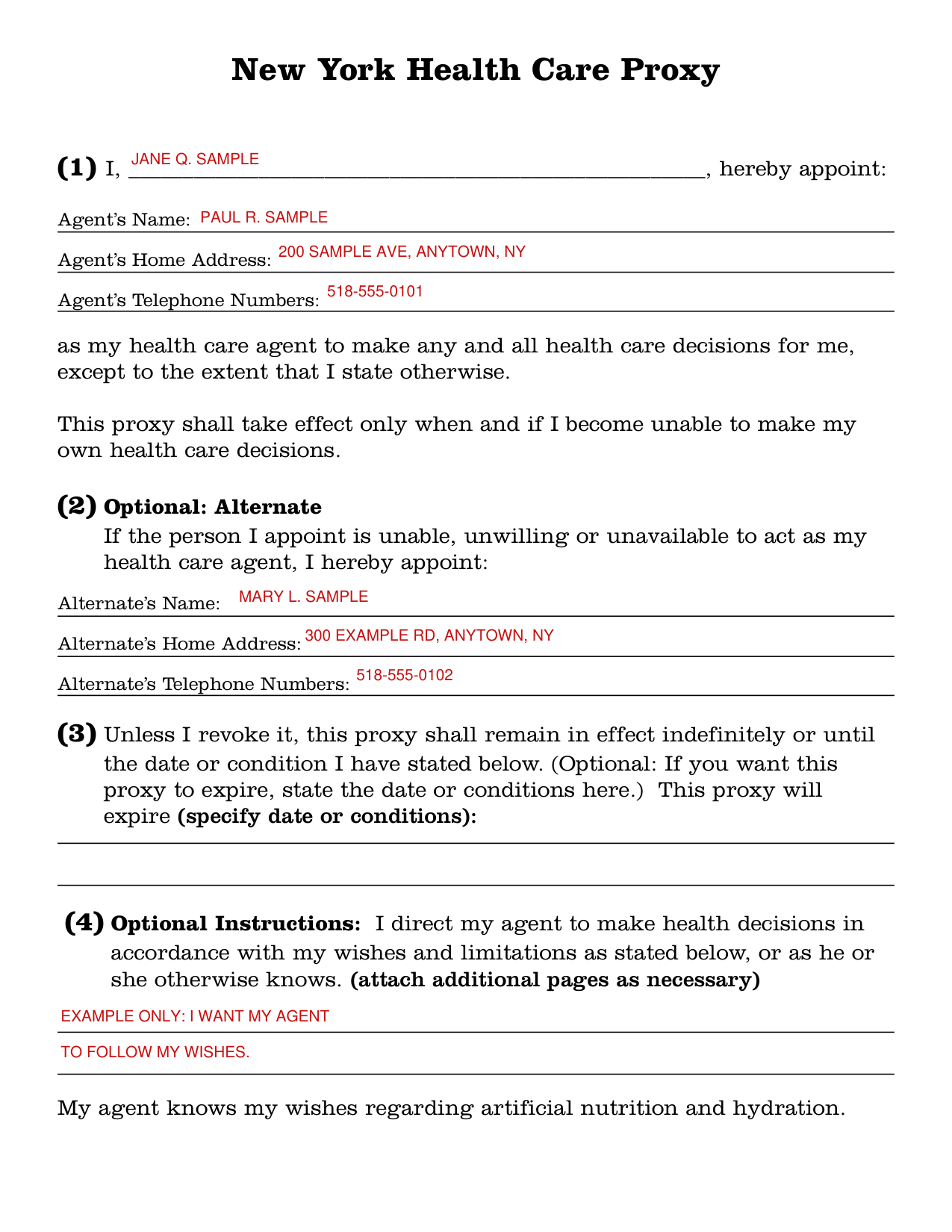 New York Health Care Proxy example filled out, example: a proxy that names an agent and an alternate