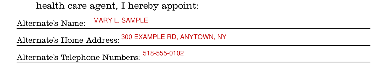 New York Health Care Proxy example filled out, optional: Alternate