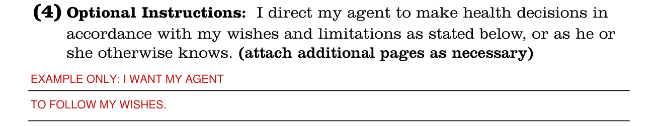 New York Health Care Proxy example filled out, optional Instructions