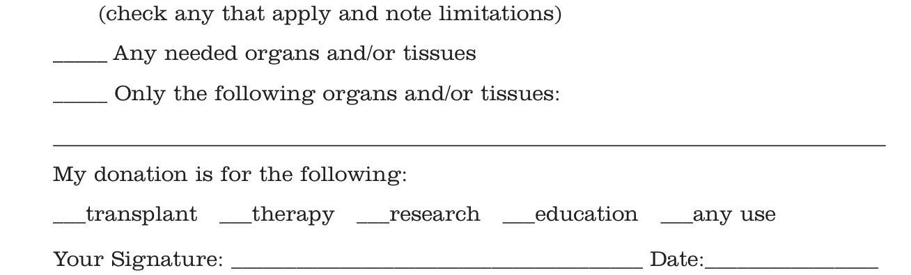 New York Health Care Proxy example filled out, organ and/or Tissue Donation