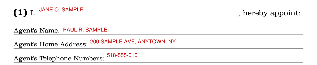 New York Health Care Proxy example filled out, your name and your health care agent