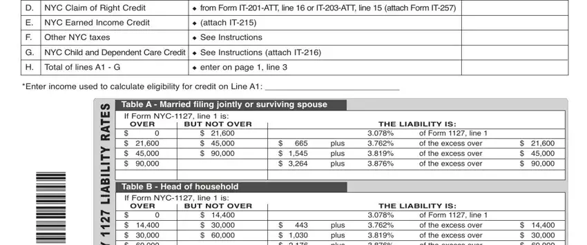 nyc 1127 instructions 2020 DNYCClaimofRightCredit, ENYCEarnedIncomeCredit, attachIT, FOtherNYCtaxes, SeeInstructions, HTotaloflinesAG, enteronpageline, SETAR, YTILIBAIL, YTI, BUTNOTOVER, IfFormNYClineisOVER, TableBHeadofhousehold, BUTNOTOVER, and IfFormNYClineisOVER fields to insert