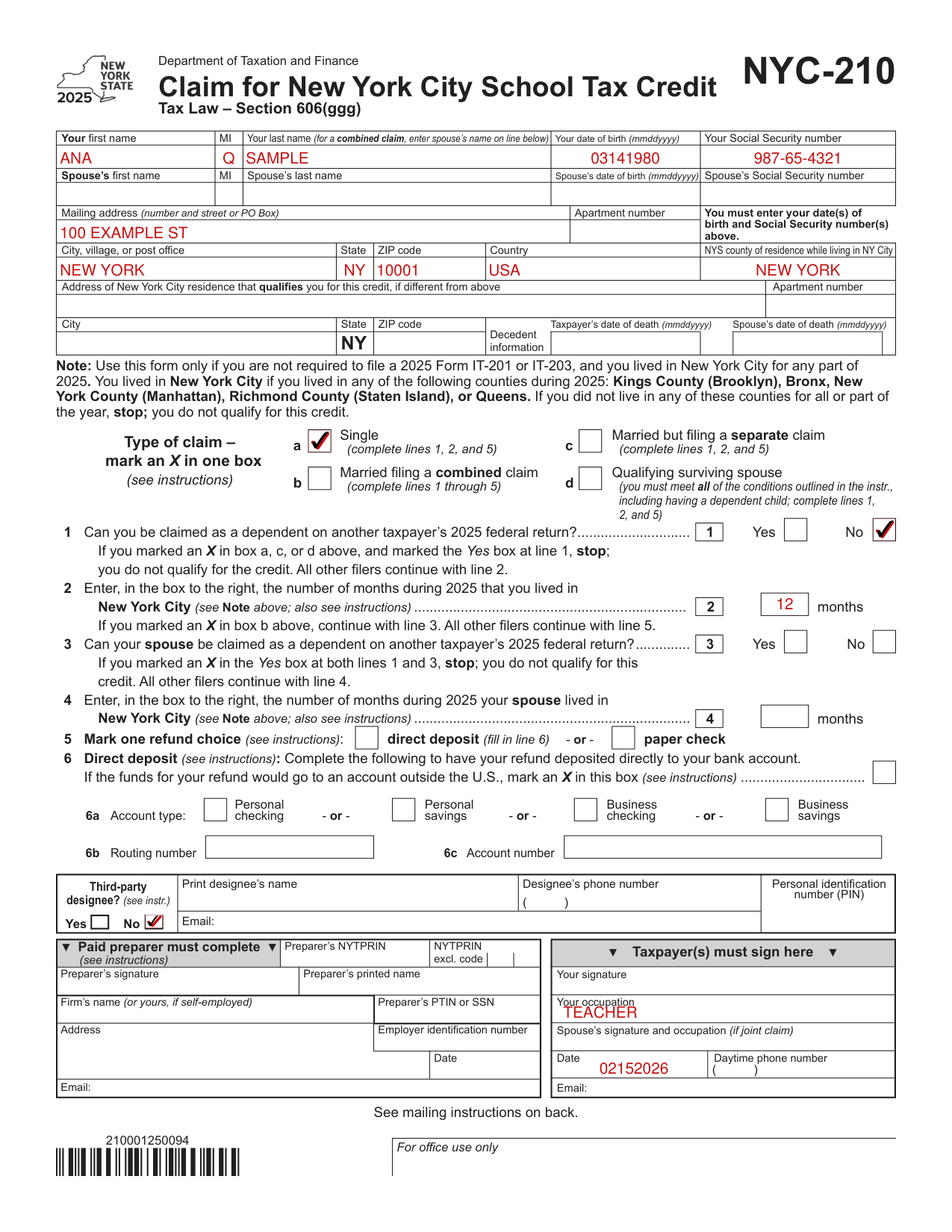Form NYC-210 example filled out, example: a single filer claims the school tax credit
