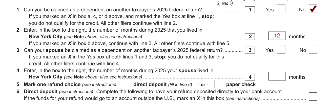 Form NYC-210 example filled out, lines 1 to 4: dependents and months in New York City