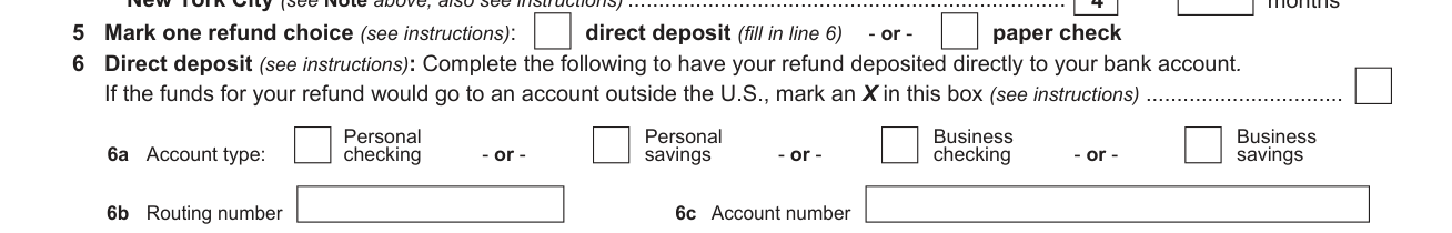 Form NYC-210 example filled out, lines 5 and 6: refund choice and direct deposit