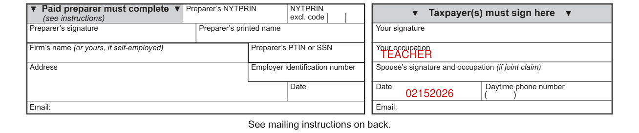 Form NYC-210 example filled out, paid preparer must complete
