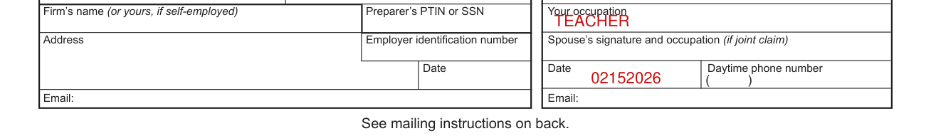 Form NYC-210 example filled out, taxpayer(s) must sign here