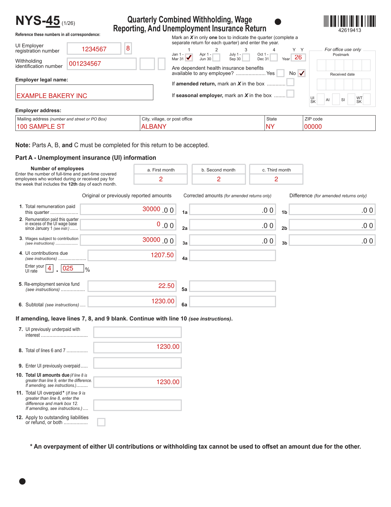 Form NYS-45 example filled out, example: a first quarter return for a small employer