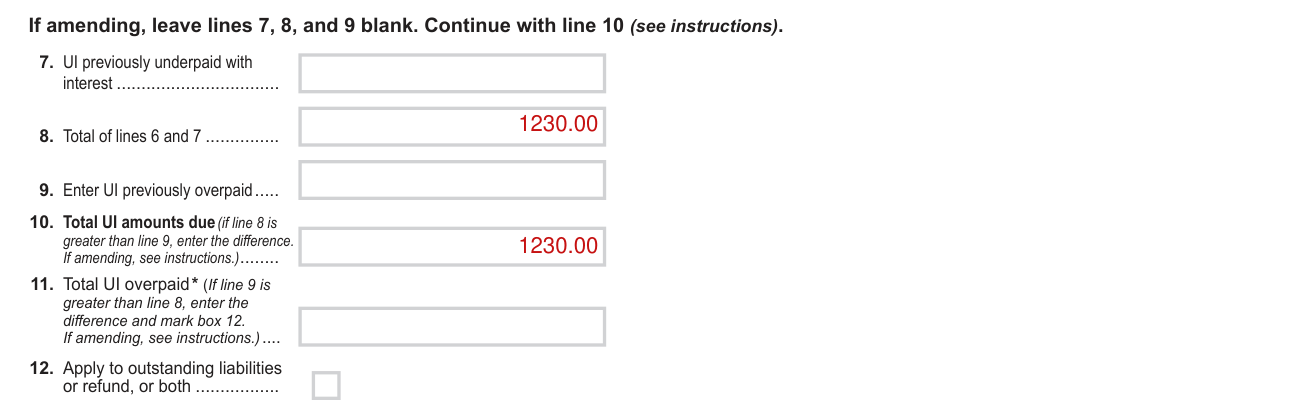 Form NYS-45 example filled out, lines 7 to 12: the UI amount due or overpaid