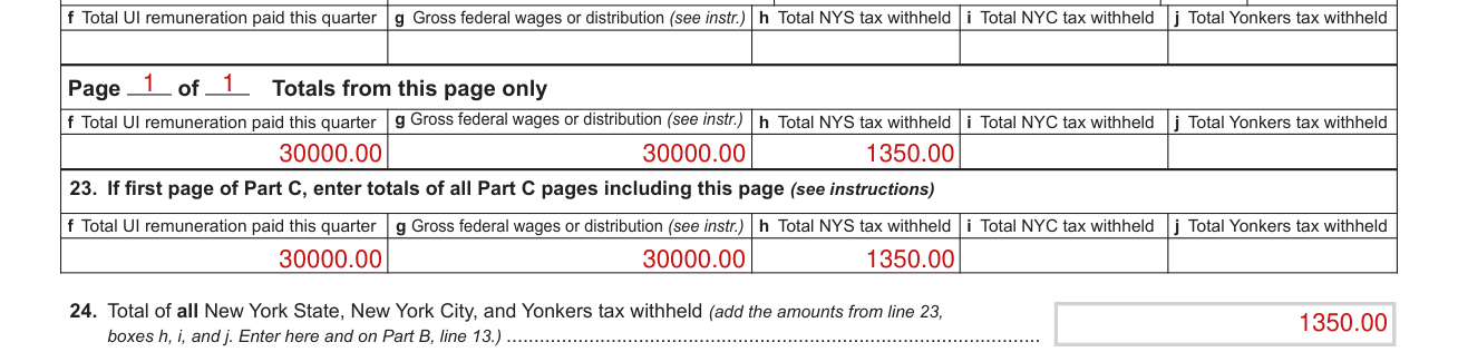 Form NYS-45 example filled out, page totals and lines 23 and 24