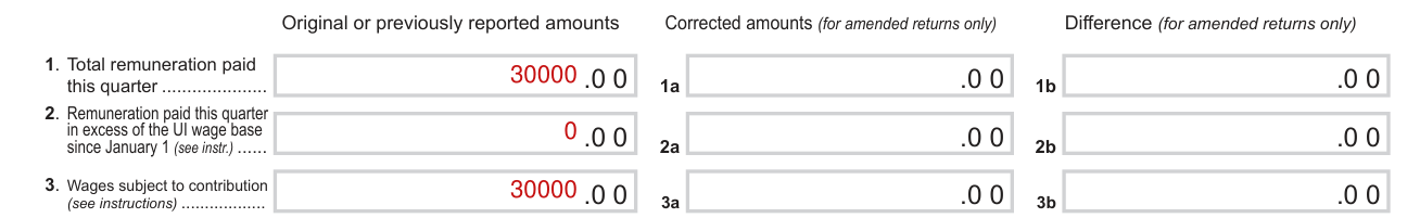 Form NYS-45 example filled out, part A, lines 1 to 3: remuneration and wages subject to contribution